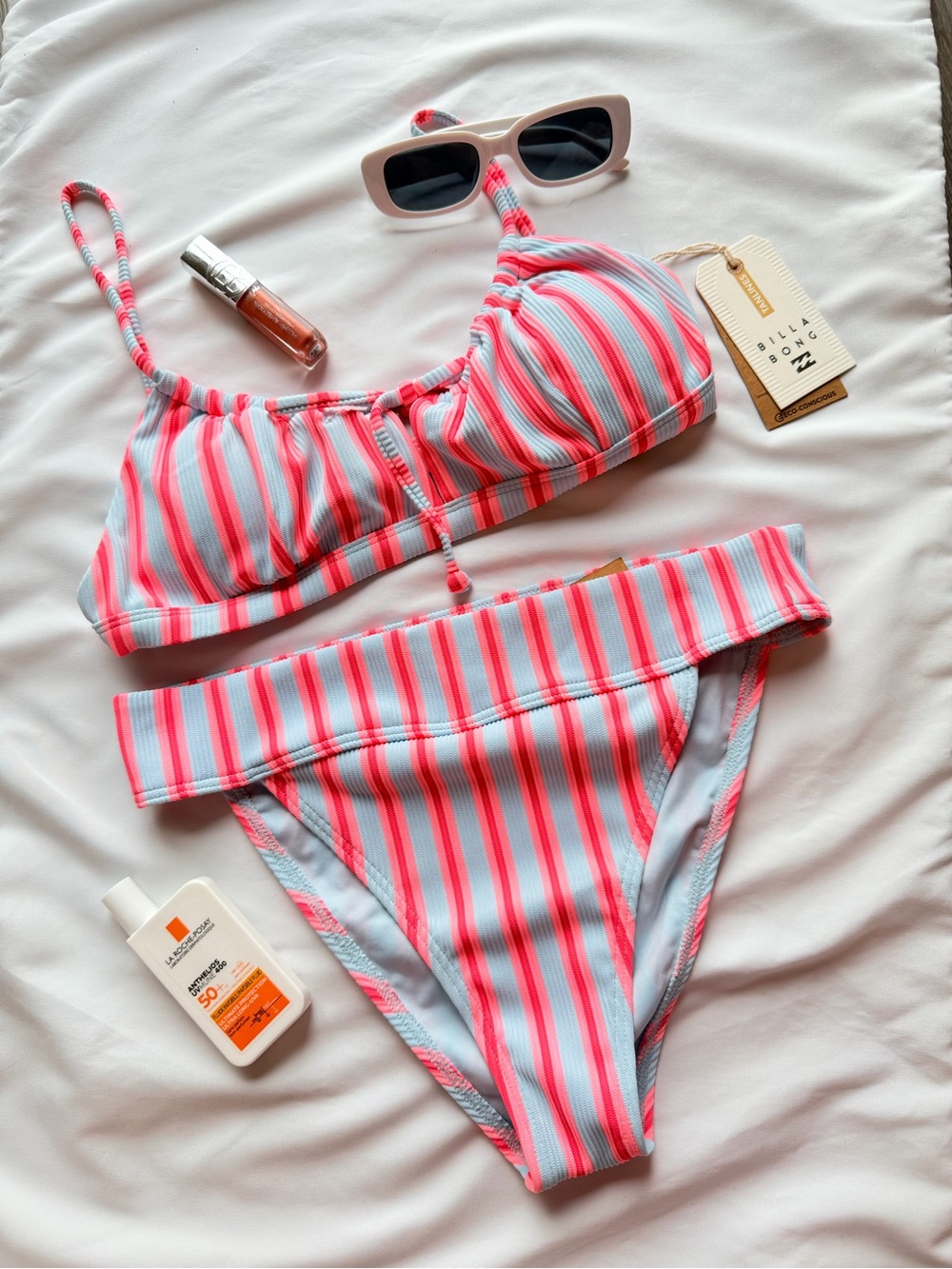 Billabong Pink and Light Blue Striped Bikini Set